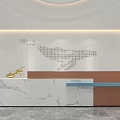 Modern Front Desk Reception Area With Marble Counter Blue Sofas Ambient Lighting And Decorative Wall 3d model
