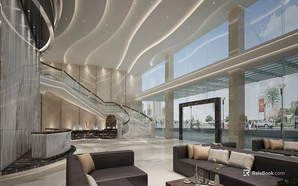 Modern Lobby Front Desk Reception With Elegant Sofas Staircase And Large Windows 3d model
