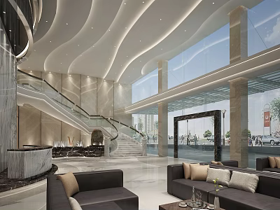 Modern Lobby Front Desk Reception With Elegant Sofas Staircase And Large Windows 3d model