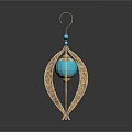 Golden Leaf Shaped Earring With Blue Spherical Bead And Decorative Details