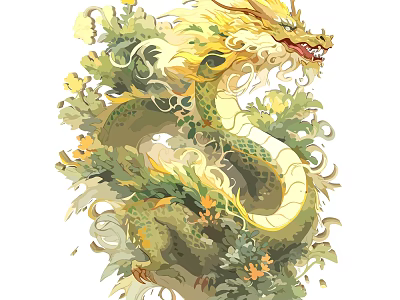 Yellow Green Dragon Surrounded By Green Leaves And Yellow Flowers 3d model