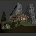 Mountain Scene Model With Wooden Cabin Pine Trees Waterfall And Rocky Hills