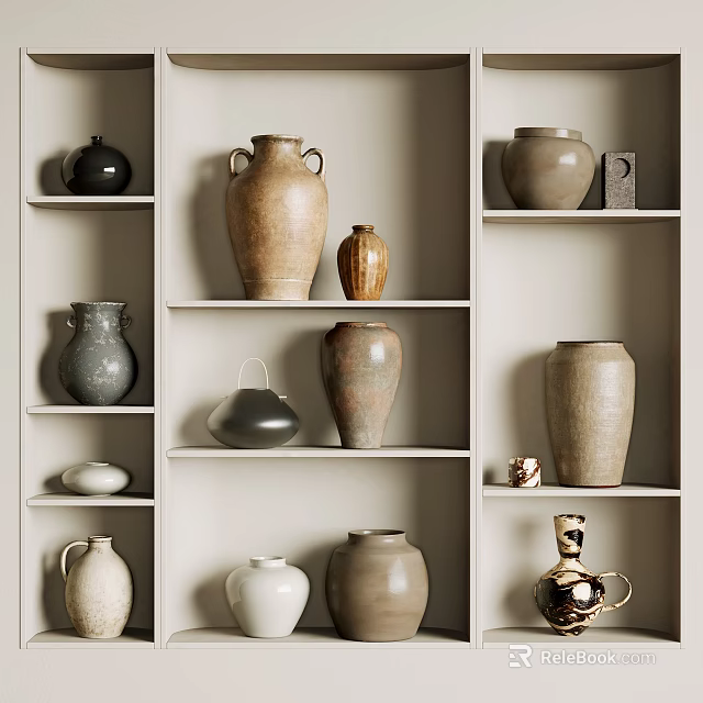 Ceramic Vessels in Various Sizes on White Shelves with Neutral Tones 3d model 