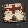 Vintage First Aid Box Design With Rusted White Surface Red Cross Symbol And Metal Handle
