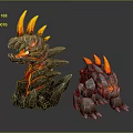 Two Fantasy Rock Creatures with Flaming Spikes Lava Veins and Glowing Eyes Design