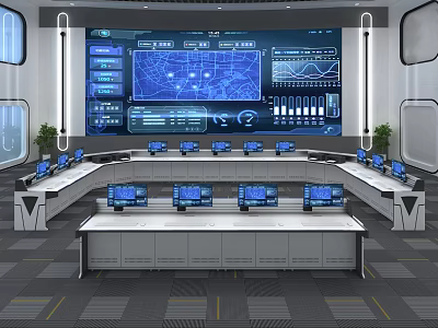 Modern Monitoring Room With Multiple Screens Control Desks And Plants 3d model