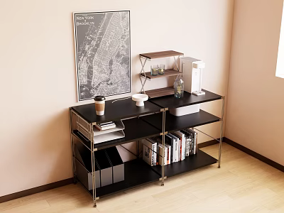 Modern Decorative Cabinet With Black Metal Frame Wooden Shelves Books Coffee Cup And Map 3d model