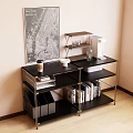 Modern Decorative Cabinet With Black Metal Frame Wooden Shelves Books Coffee Cup And Map