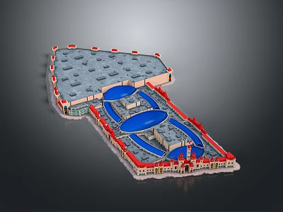 Large Commercial Building Design Featuring Blue Dome Structures Red Accent Details And Multi Level Layout 3d model