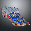 Large Commercial Building Design Featuring Blue Dome Structures Red Accent Details And Multi Level Layout