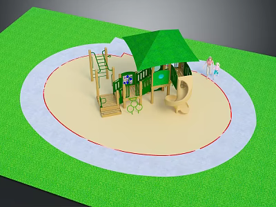 Outdoor Playground Equipment With Green Roof Climbing Frame Slide And Sand Area On Green Ground 3d model