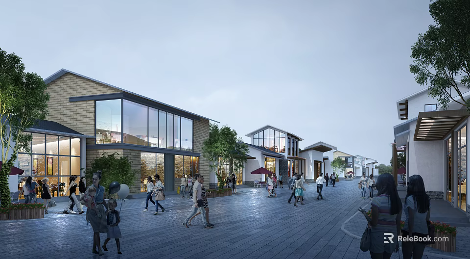 Bustling Commercial Street Featuring Modern Buildings Pedestrian Crowds Green Plants and Shop Fronts 3d model 