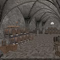Medieval Stone Cellar Interior With Wooden Barrels Shelves Crates And Stools