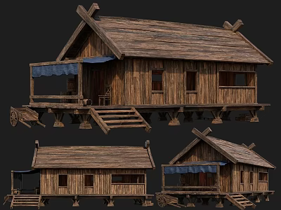 Traditional Ancient Wooden Building With Classic Structure Wooden Roof Steps Canopy And Multiple Views 3d model