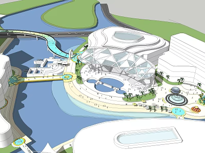 Modern Commercial Complex with River Bridge Circular Building Plaza Fountain and Palm Trees 3d model