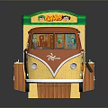 Colorful Vintage Food Bus With Green Roof Yellow Body And Cartoon Graphics