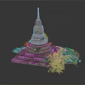 Modern Interior Scene With Ancient Stone Tower Model And Green Plants