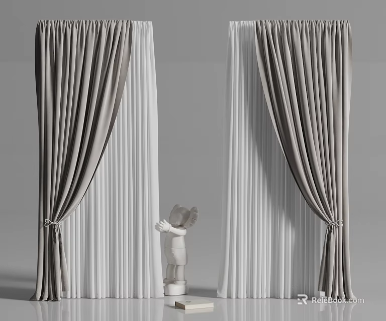 Gray Curtains With Elegant Draped Design As Side Panels Against White Backdrop 3d model