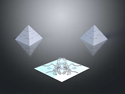 Scenic Landscape Featuring Two Pyramids And Square Patterned Object On Gray Gradient Background 3d model