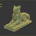Reclining Green Bronze Lion Statue With Square Base And Dark Reflective Background