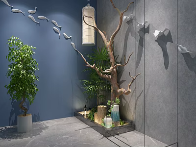 Indoor Garden Decor With Blue Wall Hanging Lantern Tree Branch Bird Decorations And Green Plants 3d model
