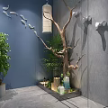 Indoor Garden Decor With Blue Wall Hanging Lantern Tree Branch Bird Decorations And Green Plants