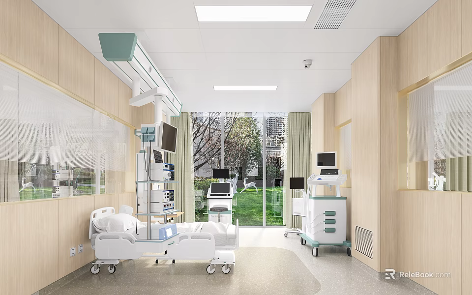 Modern Hospital Room Interior With Medical Beds Monitors Wooden Walls Large Windows And Green View 3d model 