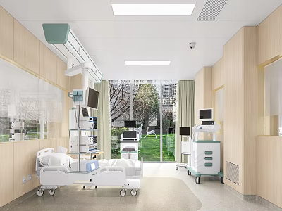 Modern Hospital Room Interior With Medical Beds Monitors Wooden Walls Large Windows And Green View 3d model