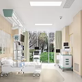 Modern Hospital Room Interior With Medical Beds Monitors Wooden Walls Large Windows And Green View