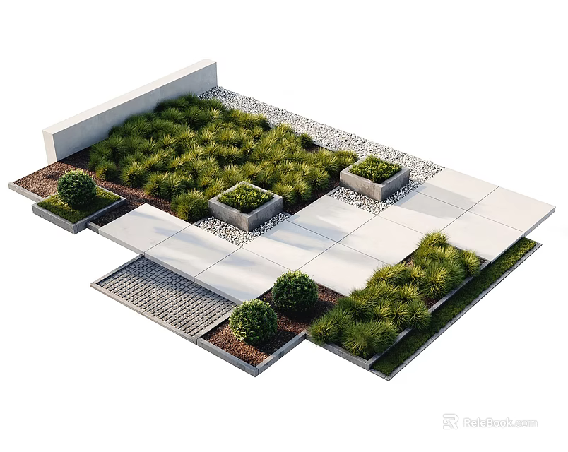 Beautiful Courtyard Garden With Neatly Trimmed Green Plants Stone Slab Flooring And Square Planters 3d model 
