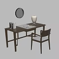 Walnut Desk With Books Glasses Table Lamp And Chair On Gray Wall With Round Mirror