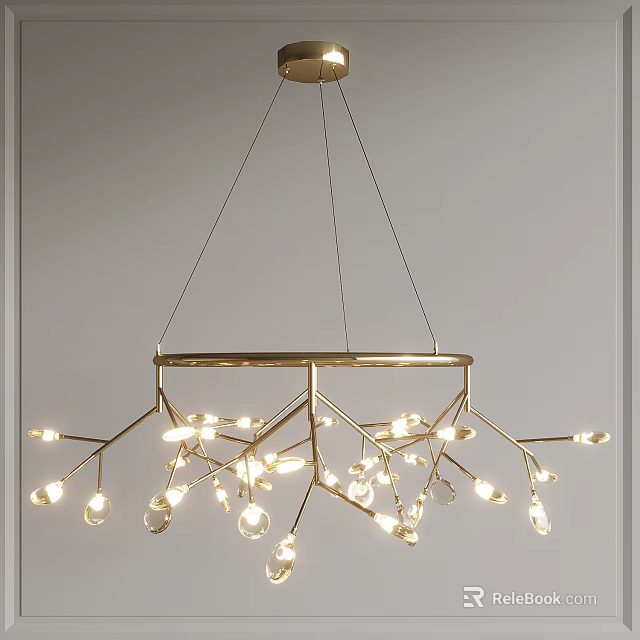 Modern Elegant Golden Branch Shaped Chandelier With Small Glass Bulbs And Hanging Design 3d model 