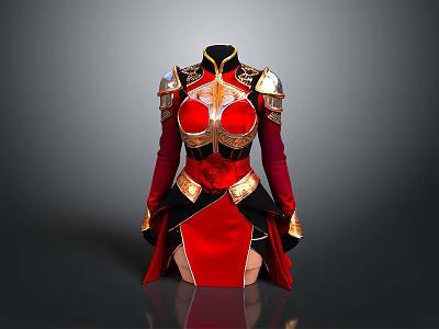 Woman Wearing Red Armor With Golden Accents And Rose Pattern Design 3d model