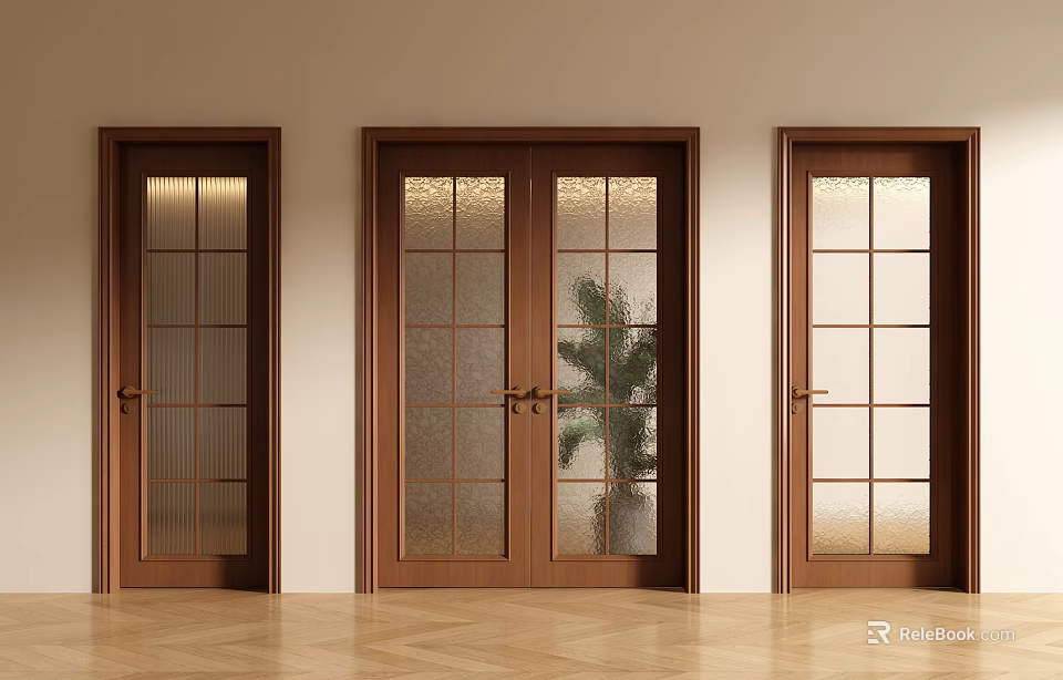Elegant Wooden Double Doors With Frosted Glass Panels In Indoor Setting And Plant 3d model 