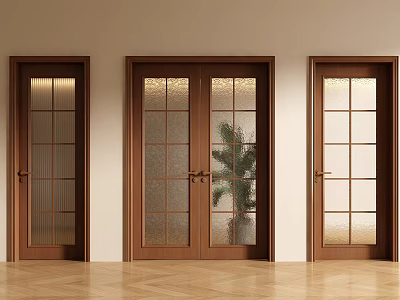 Elegant Wooden Double Doors With Frosted Glass Panels In Indoor Setting And Plant 3d model