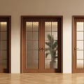 Elegant Wooden Double Doors With Frosted Glass Panels In Indoor Setting And Plant