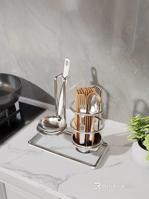 Stainless Steel Kitchen Utensil Organizer Rack With Chopsticks Spoons And Pan On Countertop 3d model 