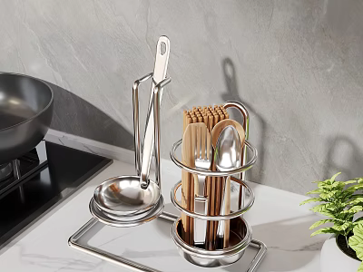 Stainless Steel Kitchen Utensil Organizer Rack With Chopsticks Spoons And Pan On Countertop 3d model