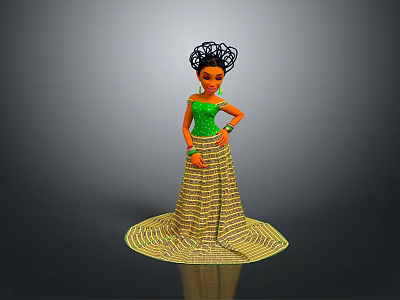 Game And Movie Character With Elaborate Black Hairstyle Green Sleeveless Top Gold Striped Flared Skirt 3d model