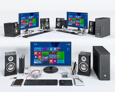 Modern Desktop Computer Setup With Multiple Monitors Speakers Keyboard Mouse And Headphones 3d model