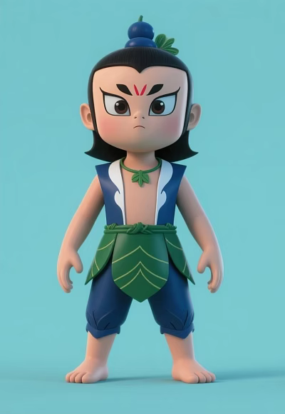 Cartoon Man Wearing Blue Green Outfit With Leaf Belt Short Hair Against Light Blue Background 3d model