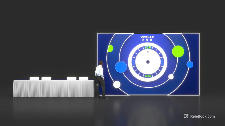 Sign in Process With Digital Clock On Large Blue Screen And Person Standing 3d model