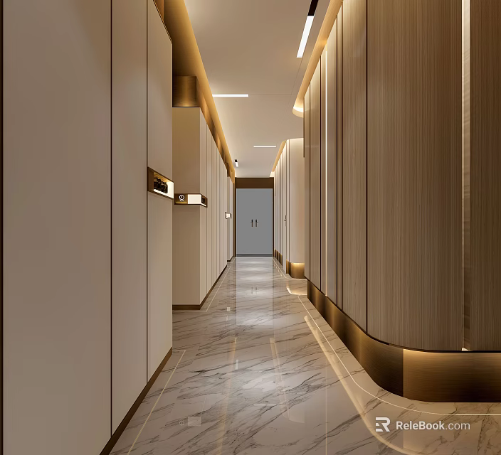 Hotel Corridor With Marble Floor Wooden Textured Walls And Warm Ambient Lighting 3d model 