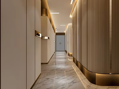 Hotel Corridor With Marble Floor Wooden Textured Walls And Warm Ambient Lighting 3d model
