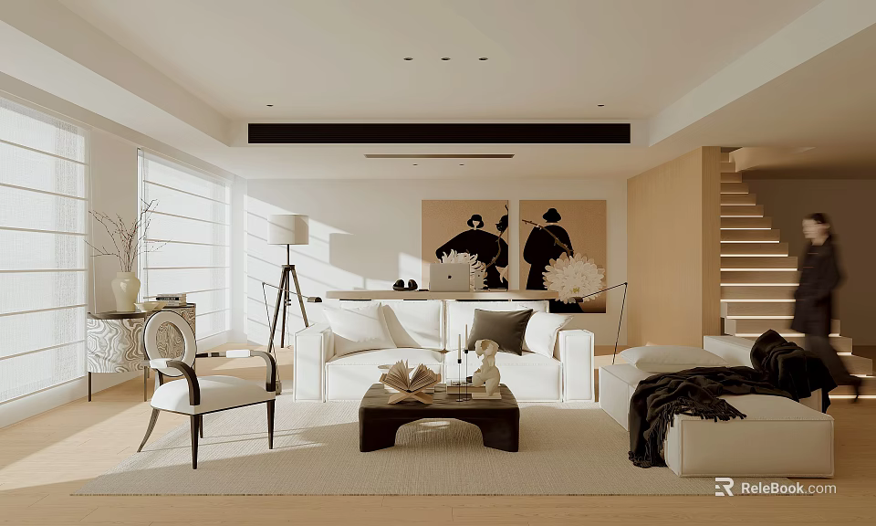 Modern Living Room Interior With White Sofa Coffee Table And Floor to Ceiling Windows 3d model