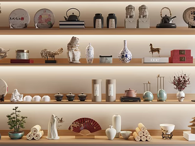 Stylish Decorative Ornament Combination with Plates Teapots Vases and Small Sculptures on Shelves 3d model