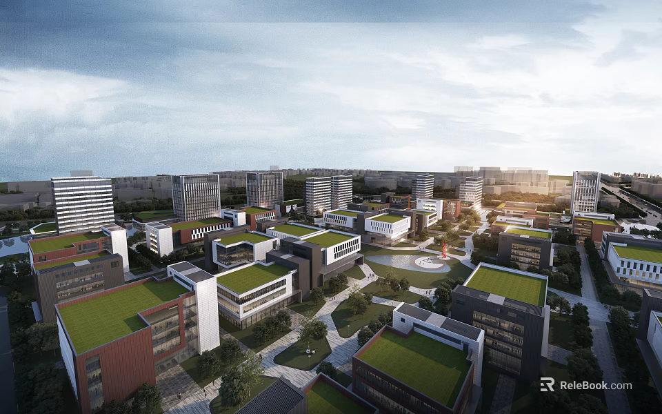 Aerial View Urban Planning With Modern Buildings Green Roofs Central Plaza And Green Spaces 3d model 