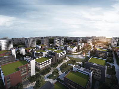 Aerial View Urban Planning With Modern Buildings Green Roofs Central Plaza And Green Spaces 3d model