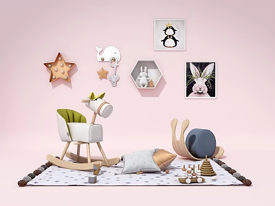 Colorful Building Blocks in Kids Room Decor with Rocking Horse Stuffed Toys and Wall Art 3d model