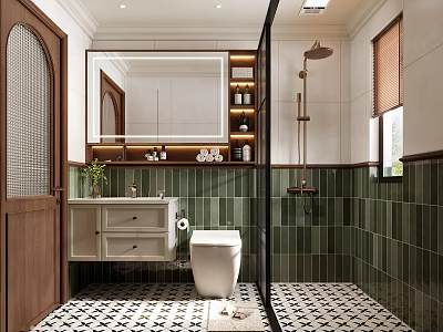 Modern Bathroom Interior With Green Tiles White Toilet Vanity Mirror And Checkered Floor 3d model